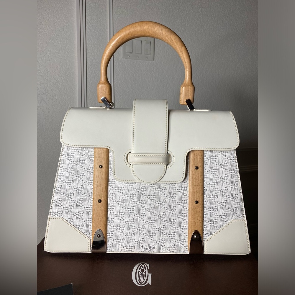 Goyard Goyardine Saigon MM wooden Handle White Gray Large w/ Box +  Dustbag
